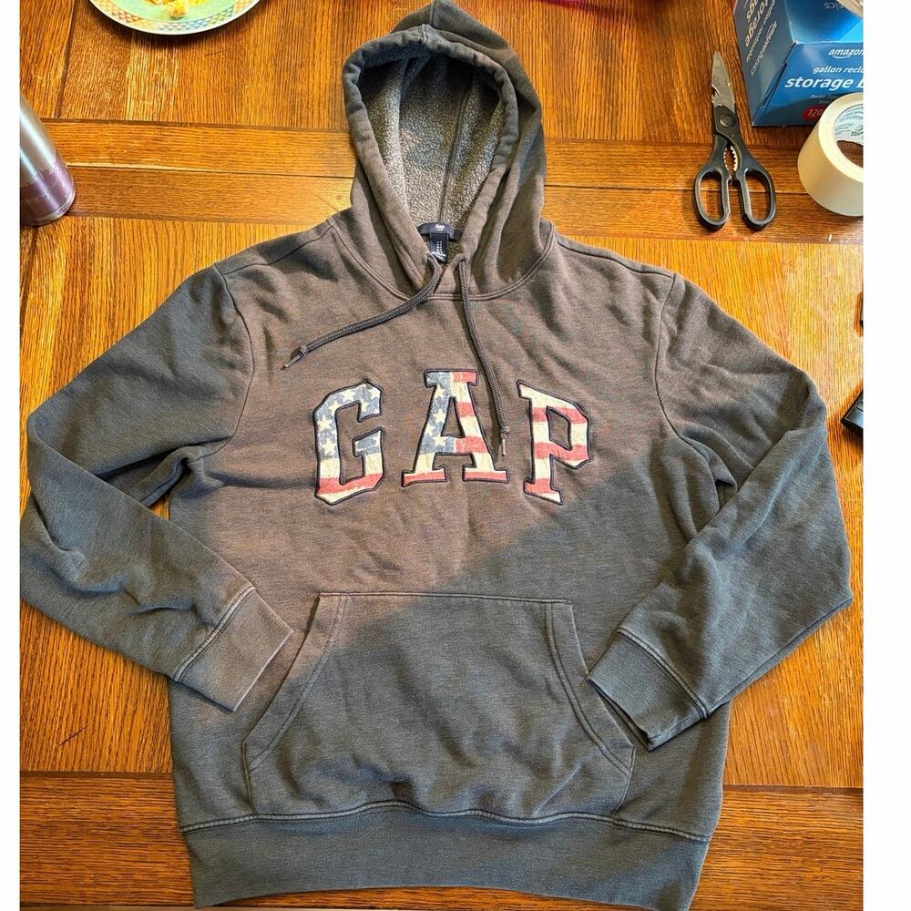 Vintage GAP American Flag Hoodie Gray Red White Patriotic Small - Picture 5 of 11